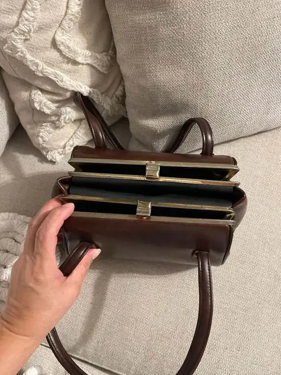 Vintage 1950s Ackery Brown Leather Triple Compartment Frame Handbag - Picture 6 of 9